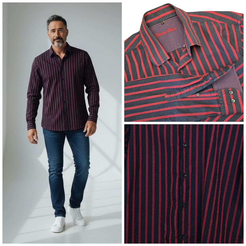 Visconti Black Navy Red Stripe Contrast Trim Button Down Long Sleeve‎ Shirt Sz L